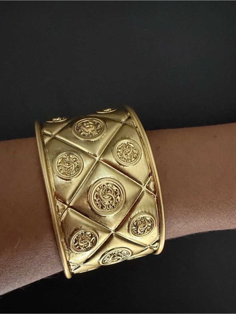 Chanel vintage Gold Quilted Medallion Cuff Bracelet - Women Jewelry